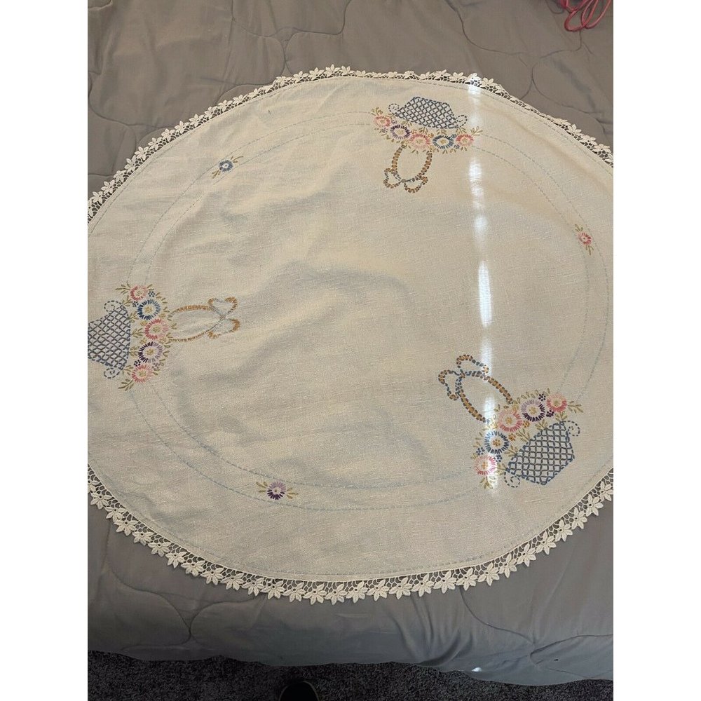 Vintage Hand Embroidered Linen Tablecloth Oval Baskets of Flowers